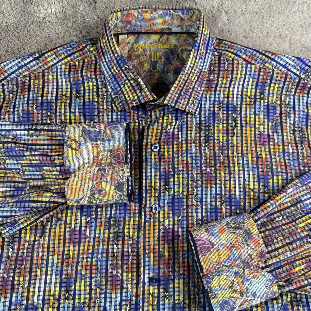 Visconti Black Abstract Stripe Shirt Mens L Flip Cuff Cotton Modal Multicolor